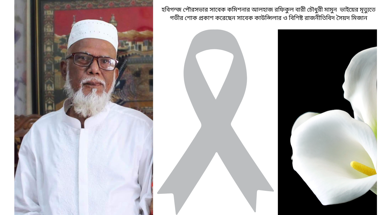 হবিগন্জ পৌরসভার সাবেক কমিশনার আলহাজ রফিকুল বারী চৌধুরী মামুন ভাইয়ের মৃত্যুতে গভীর শোক প্রকাশ করেছেন সাবেক কাউন্সিলার ও বিশিষ্ট রাজনীতিবিদ সৈয়দ মিজান
